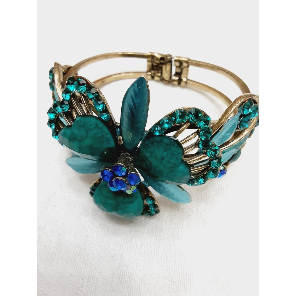 SDLZ Bracelet Floral Statement Goldtone Enamel Rhinestone Blue Turquoise Cuff